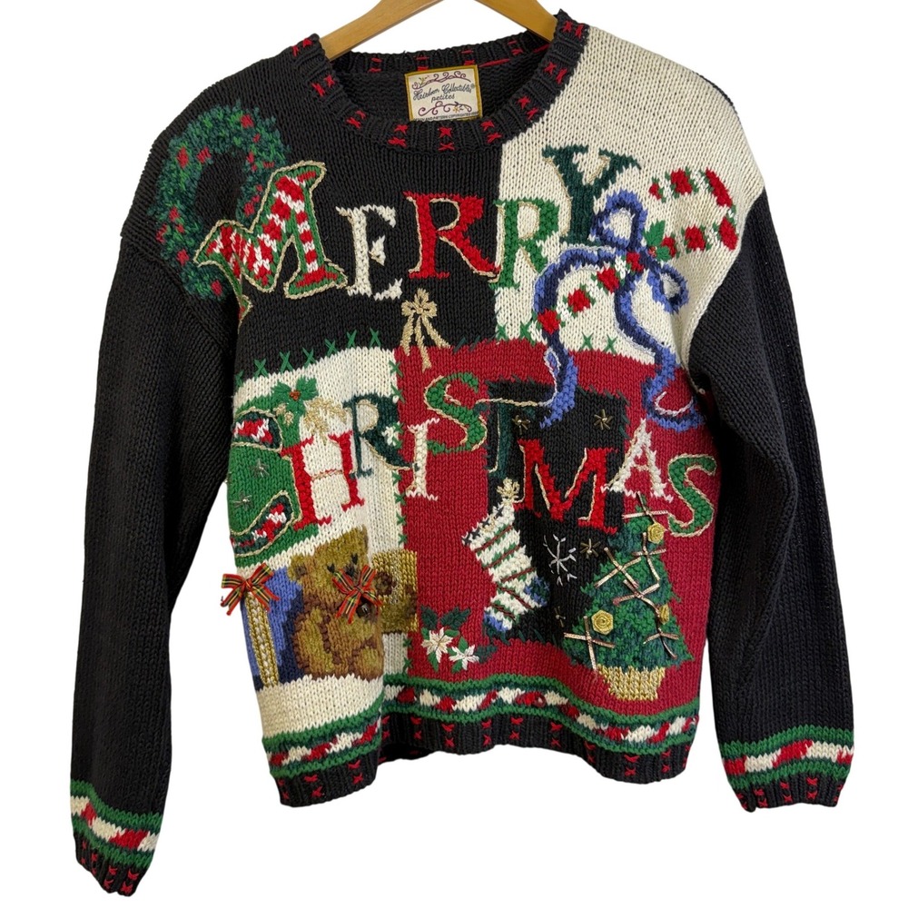 VTG Heirloom Collectibles Petites Christmas Sweater‎ Teddy Bear Tree Stocking M
